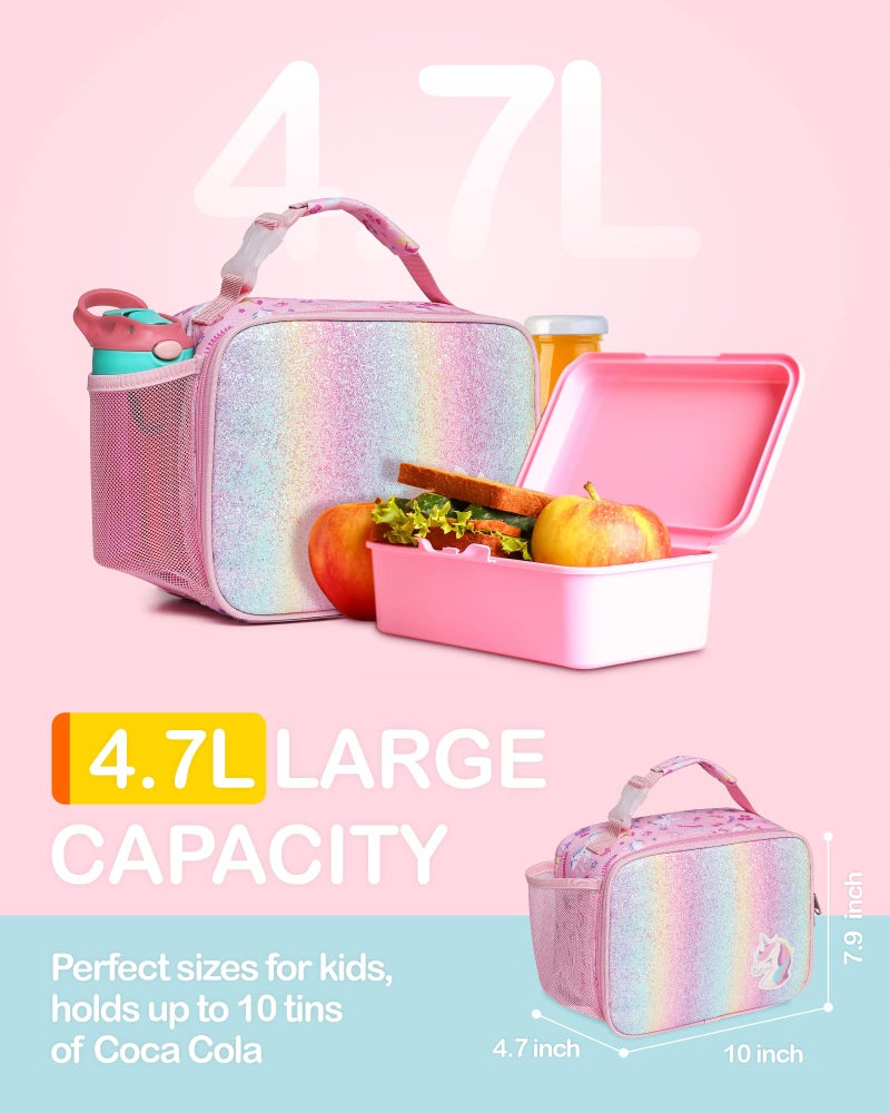 Bagseri Lunch Bag for Girls - Kids Lunch Box for Girls Reusable Leak-Proof and Insulated Kids Lunch Bag With Water Bottle Holder Toddler Lunch Box for Daycare and School  Glitter Pink Unicorn - Image 2